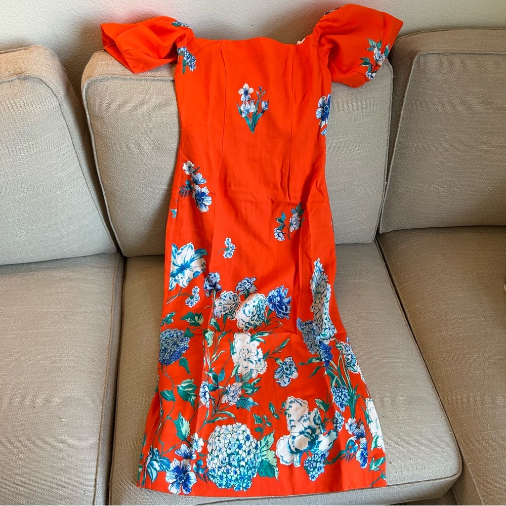 NEW Cara Cara Puff Sleeve Karene Midi Dress - Orange Red Floral - Picture 6 of 11